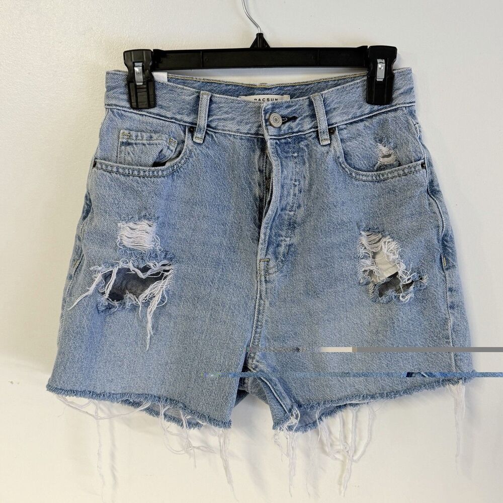 PacSun High Rise Straight Denim Shorts Distressed Light Wash Raw Hem Jean 27